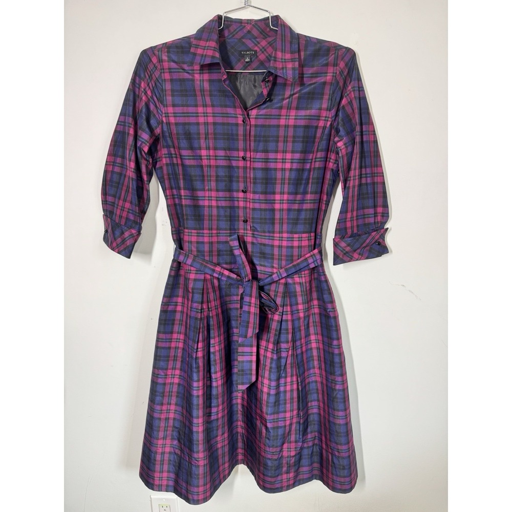 Talbots Purple Navy Plaid Long Sleeve Shirt Dress Silk Blend Sz 6 Pleated‎ Lined